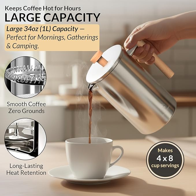 French Press Coffee Maker 304 Stainless Steel 34 Oz Large Double-Walled Insulated French Press Wood Handle 3 Level Filtration System For Kitchen Camping &amp Gifting in Premium Box No Plastic