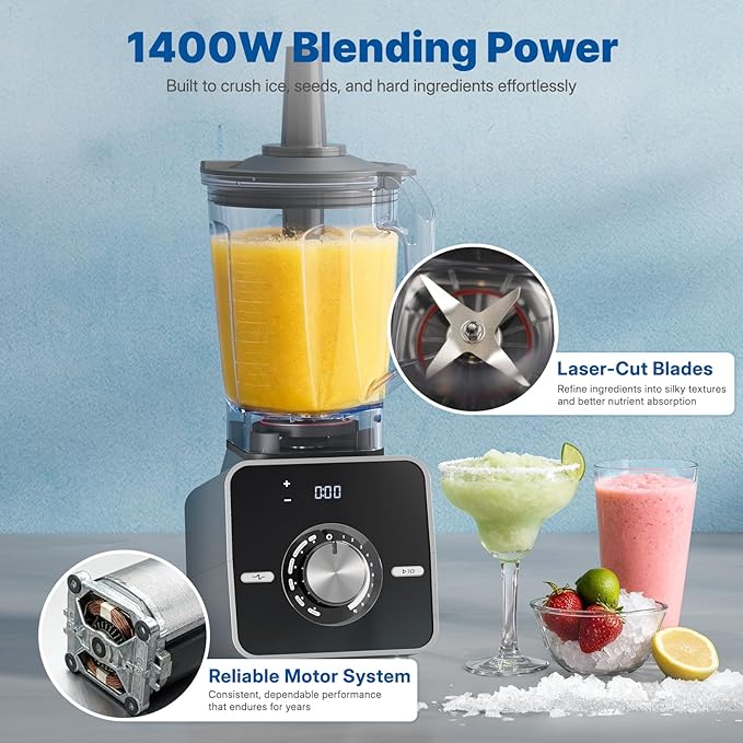 Home Blender 1400W High-Speed Blender for Ice Crushing Power Stainless Steel Blades Kitchen Timer 10 Speeds 6 Programs for Smoothies Frozen Drinks Self-Cleaning 64oz Bulk Production