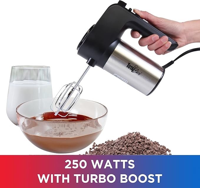 Total Chef Electric Hand Mixer – 6 Speed Handheld Blender Electric Egg Beater with Whisk Beater Dough Hooks Storage Case Turbo Boost for Cake Mix Batidora de Mano Eléctrica