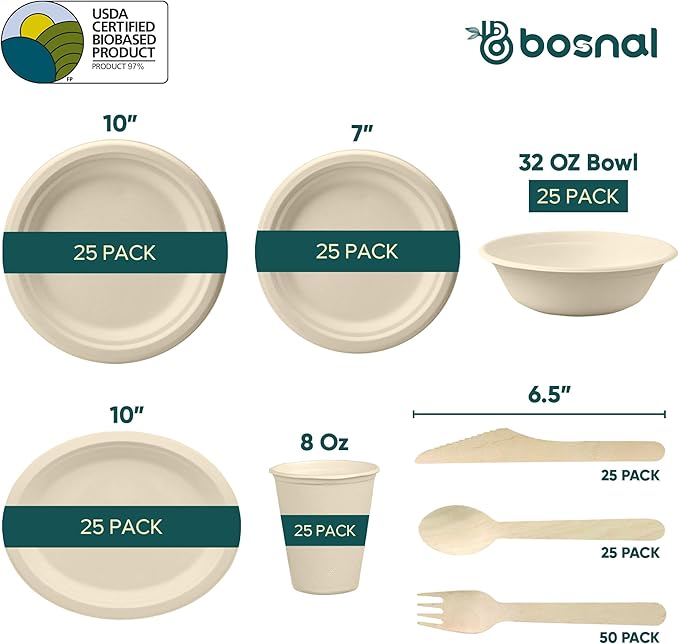BOSNAL 10 inch &amp 7 inch Round Plates 10 inch Oval Plates 32 oz Bowls &amp 8 oz Cups with Lidss &amp Cutlery – 100% Plant-Based Bagasse Eco-Friendly Compostable Microwave Safe Durable Dinne