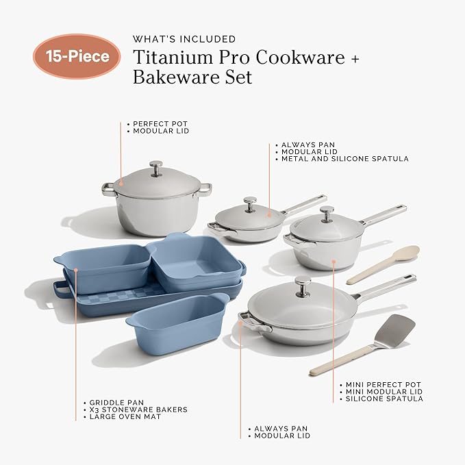 Our Place 15-Piece Titanium Pro Cookware &amp Bakeware Set | Tri-Ply Titanium &amp Stainless Steel Nonstick Fry Pans &amp Pots | Ceramic Nonstick Bakers &amp Griddle Pan | Non-toxic PFAS-Free | B