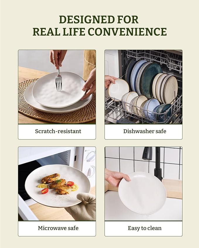 Famiware Dinnerware Sets for 8 Ocean Round 24-Piece Kitchen Plates and Bowls Sets Microwave and Dishwasher Safe Scratch Resistant Matte White