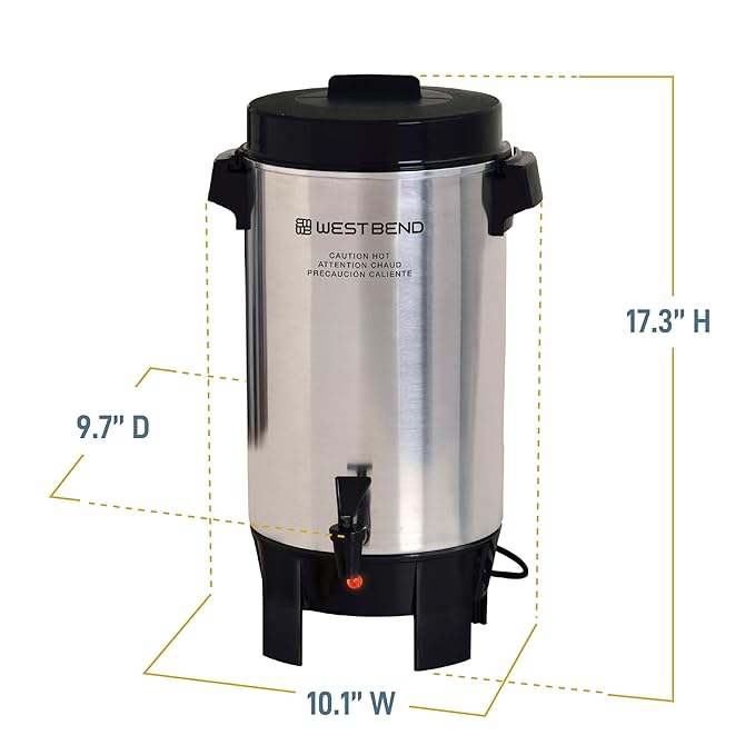 West Bend Coffee Urn Highly-Polished Aluminum Features Automatic Temperature Control with Cup Per Minute Brewing and Easy Clean Up Includes In-Basket Measuring Guide and Ready Light 42-Cup Silver