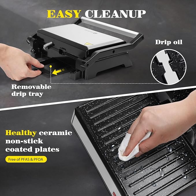 Aigostar Toaster 2 Slice Retro Extra-Wide Slot Toasters and Aigostar Panini Press 1200W Sandwich Maker and Electric Indoor Grill with Ceramic Non-Stick Coated Plates Opens 180°