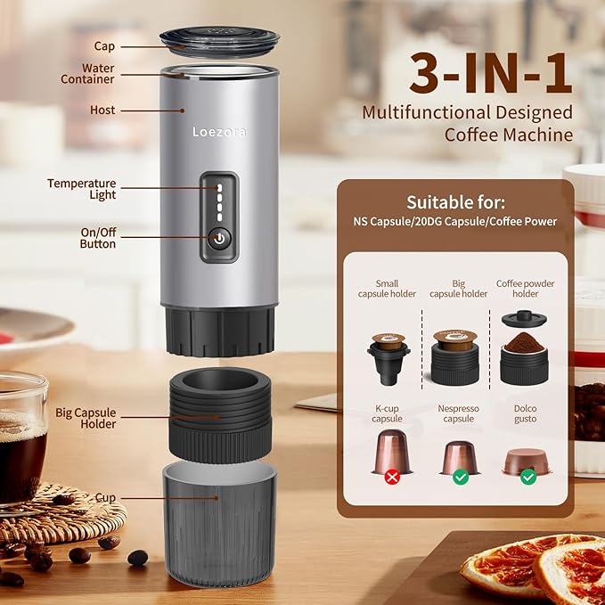 Stainless Steel Portable Espresso Maker – 20Bar 7500mAh Rechargeable 3-in-1 for Nespresso/DG Capsules &amp Ground Coffee Self-Heating Best Value for Camping Car Travel (Silver