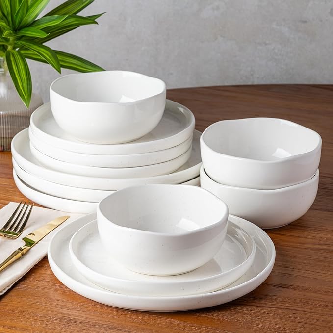 TheTerra Ceramic Dinnerware Sets Handmade Reactive Glaze Plates and Bowls Set Scratch Resistant Dish Set Oven &amp Microwave &amp Dishwasher Safe Bright White