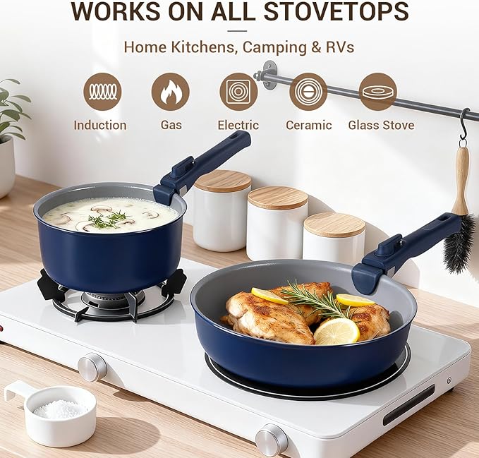 Ammeloo 18-Piece Ceramic Pots and Pans Set Non Stick Non Toxic Cookware Set with Removable Handles Pot Sets for Cooking Induction Ready Dishwasher &amp Oven Safe PFAS PFOA &amp PTFE Free (Navy