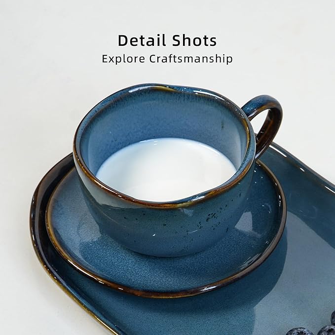 Organic Shape Highland Ceramic Coffee Cup and Saucer 6pcs 8oz Handmade Reactive Glaze Saucer Sets with Wavy Edge for Kitchen Microwave &amp Dishwasher Safe Scratch Resistant-Blue