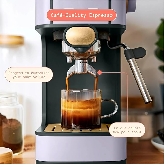 B Slim Espresso Maker by Drew Barrymoree with 20-Bar Pressure Touch-Activated Display and Steam Wand for Latte &amp Cappuccino (Lavender)