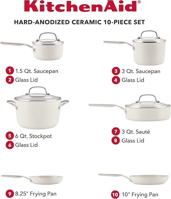 KitchenAid Hard Anodized Ceramic Nonstick Pots and Pans Set with Saucepans Frying Pans Stockpot and Lids 10 Piece Non Stick Cookware Set with Stainless Steel Handles - Porcelain White