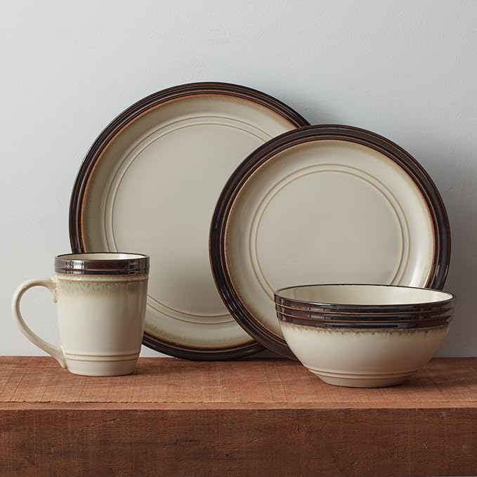 Gourmet Basics by Mikasa Sorrento 16-Piece Dinnerware Set - Service for 4 Dishwasher Safe Stoneware with Raised Grid Design - Casual &amp Stylish for Everyday Use or Formal Dining Ceramic Dish Set