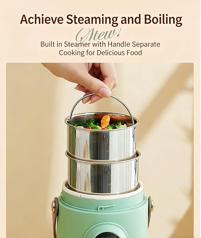 Multifunctional Health Pot 500W Portable Mini Electric Cooker with Ceramic Glaze Inner &amp Steamer Small Slow Cooker with 12-Hour Reservation for Porridge Rice Soup &amp Steaming (800ml-Green)