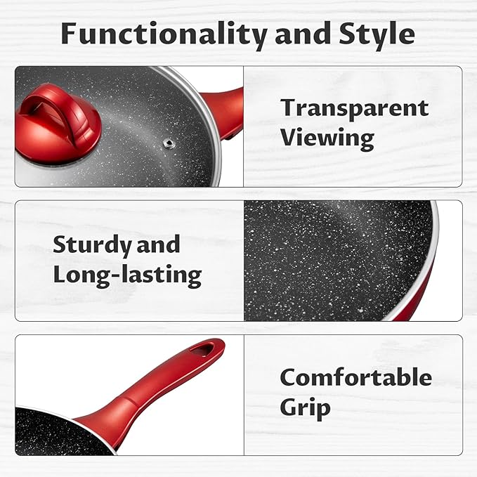 Induction Cookware Pots and Pans Set 10 Piece BEZIA Dishwasher Safe Nonstick Cooking Pans Stay-Cool Bakelite Handle Scratch Resistant Kitchen Sets with Frying Pans Saucepans &amp Stockpot (Red)