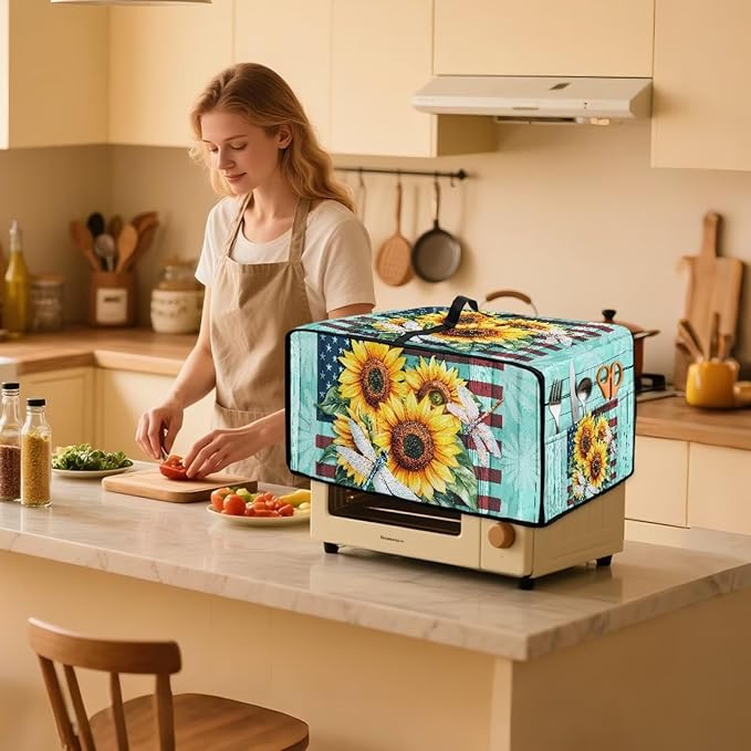 Doojoayie Sunflower Toaster Oven Cover Universal Fit Kitchen Appliance Dust Protector 8 Slice Toaster Cover American Flag Print Kitchen Appliance Dustproof Protector