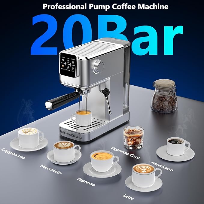 Espresso Machine 20 BarTouch Screen Espresso Maker with Steam Milk FrotherStainless Steel Coffee Machine for Cappuccino Latte Americano Cold Brew1350W Fast Heat Up SystemSilver