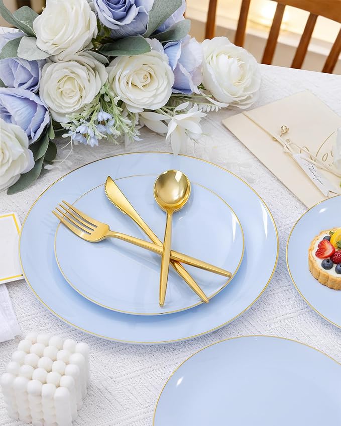 bUCLA 150PCS Blue Plastic Plates - Light Blue and Gold Disposable Include 25 Each (Dinner &amp Dessert) Plates 25 Knives 25 Forks 25 Spoons and 25 Cups Ideal for Party Easter Birthday &amp Wed