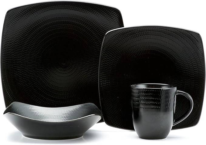 Unknown1 Black Rice 16-Piece Dinnerware Set Textured Casual Modern Contemporary Round Stoneware 6 Piece Dishwasher Safe Microwave