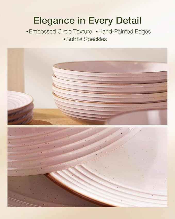 Famiware Jupiter Stoneware Dinnerware Sets Handcrafted Plates and Bowls with Embossed Swirl &amp Speckles Pink - Chip &amp Scratch Resistant Dishwasher &amp Microwave Safe Modern Dishes for 4 (1