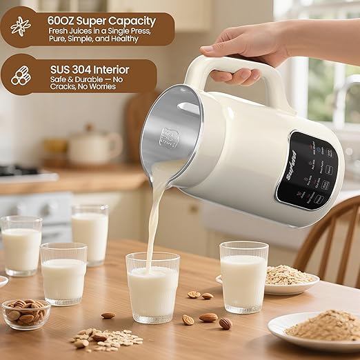 60oz Nut Milk Maker Machine: 8 in 1 Soy Milk Maker with Delay Start/Keep Warm/Self Clean Food Processor for Soy/Nut/Oat Milk Juice Milkshake Rice Paste and Boil Water Kitchen Blender