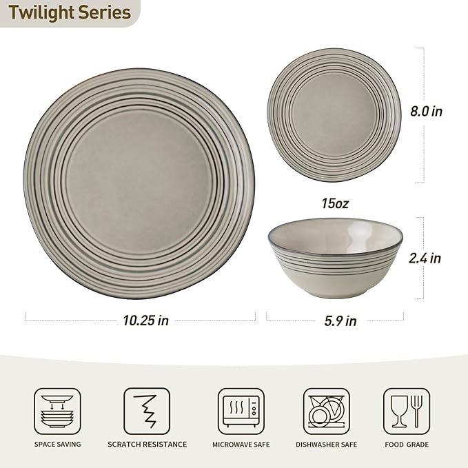 Famiware Plates and Bowls Sets 24-Piece Stoneware Dinnerware Sets Dishes Set for 8 Hand-made Reactive Glaze Dish Set Twilight Series Terre-verte