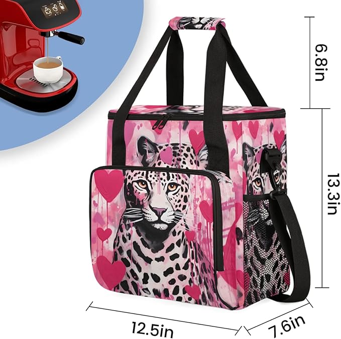 Leopard Love Heart Coffee Maker Travel Bag for Keurig K-Mini/K-Mini Plus Insulated Waterproof Tote with Pockets for K-Cup Portable Single-Serve Brewer Case