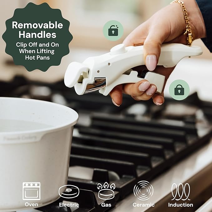 15-Piece White Granite Nonstick Cookware Set – Detachable Handles &amp Tempered Glass Lids – Stackable &amp Cool-Touch - Induction &amp Oven Safe to 480°F - Scratch-Resistant PFOA &amp PFOS-Free