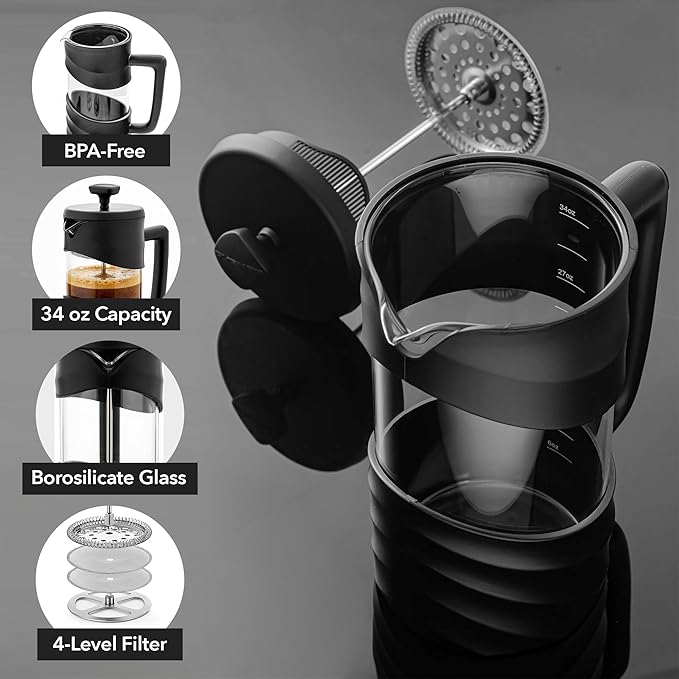 OVENTE French Press Coffee Maker 34 Ounce with Heat Resistant Borosilicate Glass &amp Stainless Steel 4-Level Filtration System Portable Cold Brew Coffee Maker for Travel Camping or Gift Black FPW