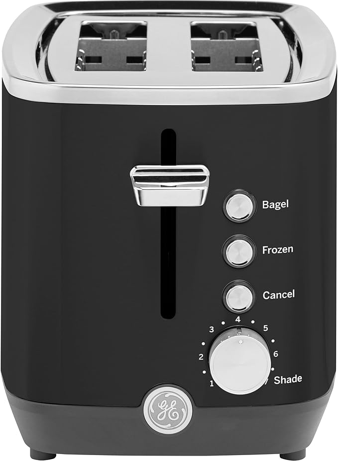 GE 2 Slice Black Stainless Steel Toaster Extra Wide Slots for Toasting Bagels Breads Waffles &amp More 7 Adjustable Shade Settings Removable Crumb Tray Countertop Kitchen Essentials 850 Watts