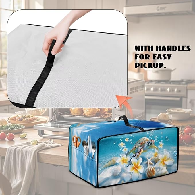 Sea Turtle Print Toaster Oven Air Fryer Cover Plumeria Starfish Print Bread Maker Machine Covers with Side Pockets Kitchen Small Appliance Cover M