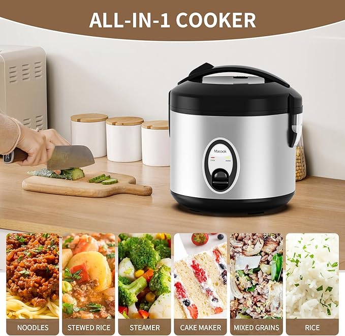 Stainless Steel Rice Cooker with Steamer 4-Cup Uncooked (1.0L)/8-Cup Cooked Electric Grain &amp Vegetable Cooker Auto Keep Warm for Oatmeal Soups &amp Multicooking