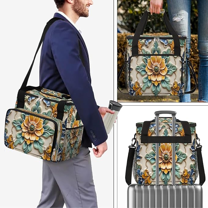 Ceramic Flowers Coffee Maker Carring Bag Travel Carrying Storage Tote Bag Compatible with Keurig K-Mini or K-Mini Plus Portable Single Serve Coffee Brewer Case with Pockets for K-cup Pods