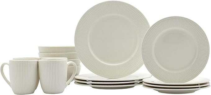 Tabletops Gallery Embossed Bone White Porcelain Round Dinnerware Collection- Chip Resistant Scratch Resistant Fleur 16 Piece Dinnerware Set (Dinner Plate Salad Plate Cereal Bowl Mug)