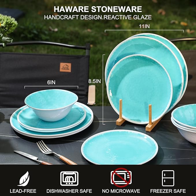 Melamine Dinnerware Sets 12 Pcs Melamine Plates and BowlsParty Plates and Bowls Sets Camping Dishes Set for 4 Unbreakable BPA Free Dishwasher Safe （Lake Green）