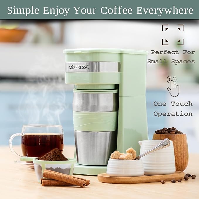 Mixpresso Green Personal Single Serve Coffee Maker with 14oz Travel Mug Drip Small Coffee Maker with Auto Shut Off Reusable Filter Works with Ground Coffee Only – Not for K-Cup Pods