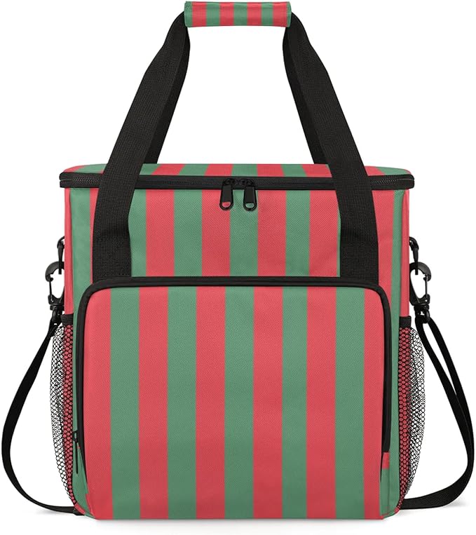 Red and Green Stripes Travel Coffee Maker Carrying Bag Large Organizer Storage Tote Bag Insulated Reusable Cooler Grocery Bags