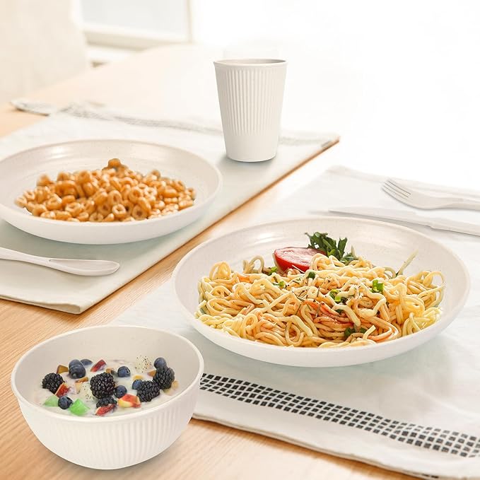 LAERJIN 56 Piece Wheat Straw Dinnerware SetsUnbreakable Reusable Dinnerware SetDishwasher &amp Microwave Safe Plates and Bowls Sets for Apartment Essentials Outdoor Camping Beige White
