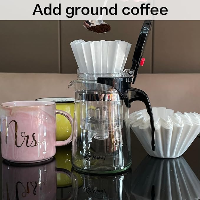 Pour Over Coffee Maker Smart Coffee Dripper with On/Off Switch Borosilicate Glass Small Coffee Pot with 50 Size 185 Japanese Basket Coffee Filters 20 oz/500ml Drip Coffee Brewer Machine (500ml)