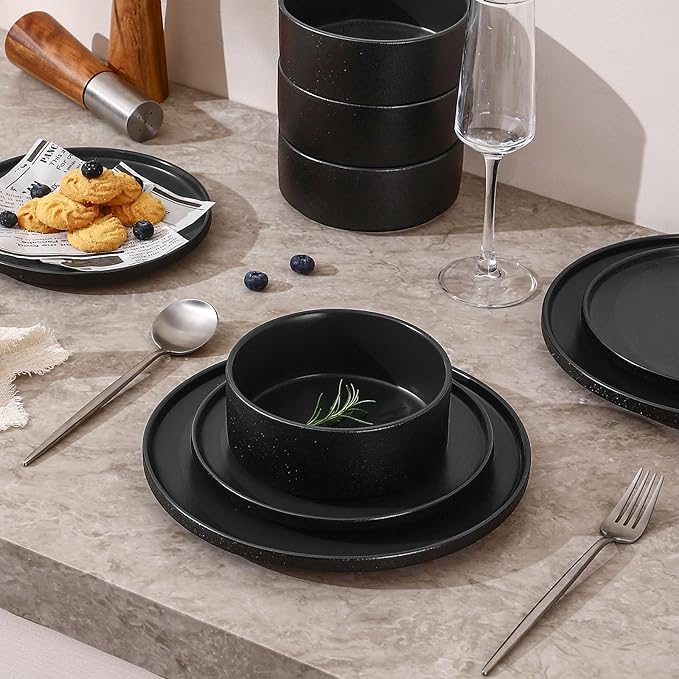 GZG Classic Series - Plates and Bowls Set for 2 6 Piece Stoneware Dinnerware Sets Microwave and Dishwasher Safe Lead-Free Handcrafted Ceramic Dishes Set - Frosted Matte Black