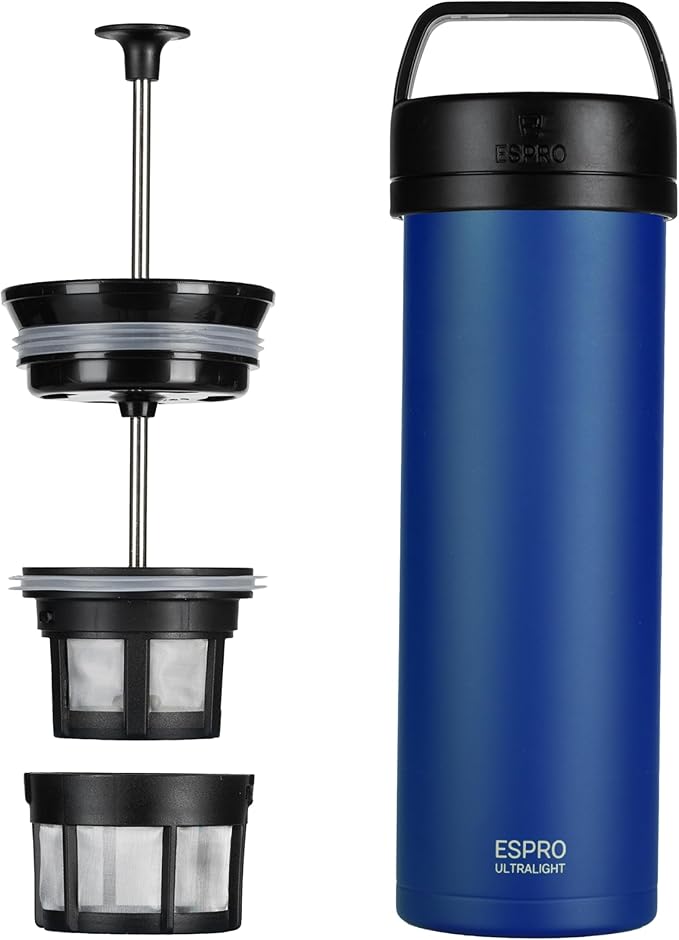 ESPRO P0 Ultralight French Press Coffee Maker for Travel Vacuum Insulated Stainless Steel 16 Ounces Blue
