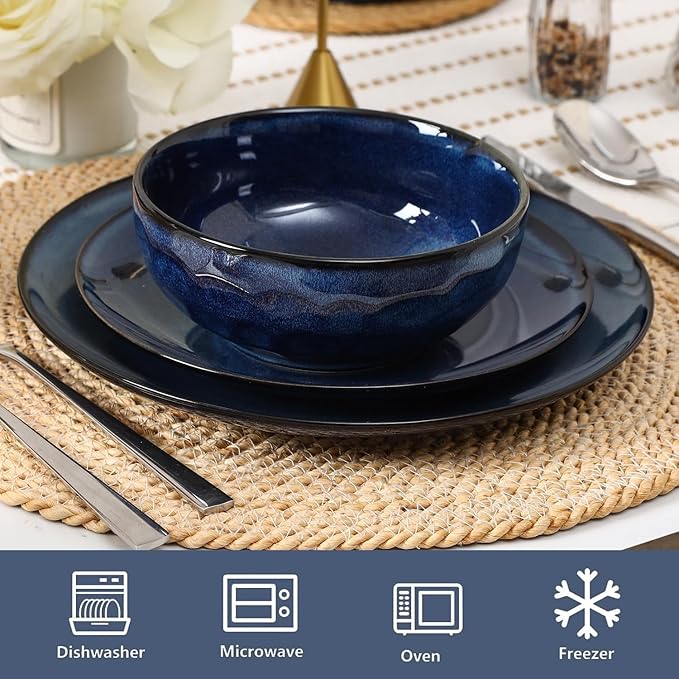 Vicrays 12-Piece Ceramic Dinnerware Set Dinner Plates Salad Plates &amp Cereal Bowls Dish Set for 4 Microwave Oven &amp Dishwasher Safe Scratch Resistant Blue