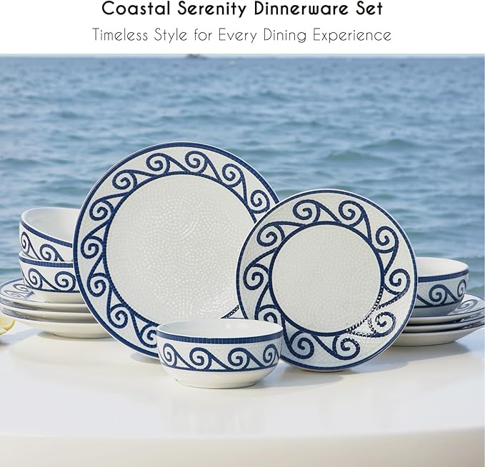 12-Piece Dinnerware Set for 4 Stoneware Kitchen Plates &amp Bowls Set Coastal Dinnerware Sets Microwave &amp Dishwasher Safe Scratch Resistant Vintage Dishware Set for Everyday Use &amp Family