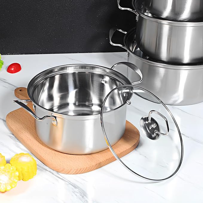 Kichvoe 5 Sets Stainless Steel Stock Pots Set with Glass Lids - Induction Cookware for Kitchen Use - Double Handle Soup Pots