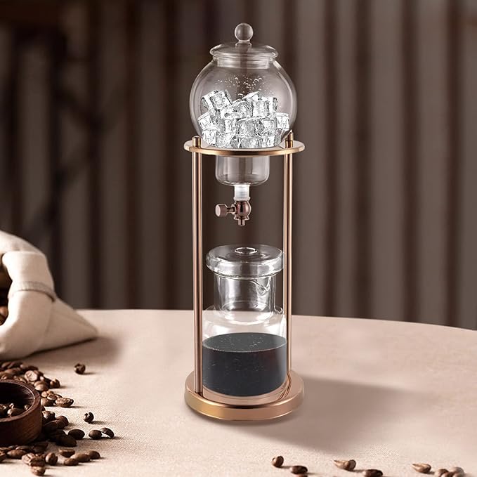 Glass Iced Coffee Cold Brew Drip Tower Coffee Filter Drip Tower 600ml/20.29oz Coffee Maker With Slow Drip Technology and with Glass Container Stand Makes 6-8 Cups (Gold)