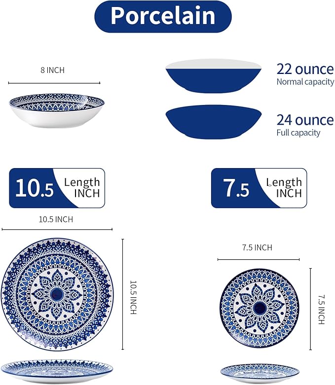 Bestone Ceramic 12-Pieces Dinnerware Sets Ceramic Dish Plates and Bowls Sets Dishes Set for 4 Dinner Salad Dessert Plates and Cereal Bowls Set GiftVintage Blue