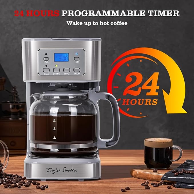 Taylor Swoden Programmable Coffee Makers 12 Cup Hot and Iced Coffee Maker 4 Brew Strength LED Display 24H Timer Keep Warm&ampAuto Shutoff- Drip Coffee Machine for Home/Office Black &ampStainle