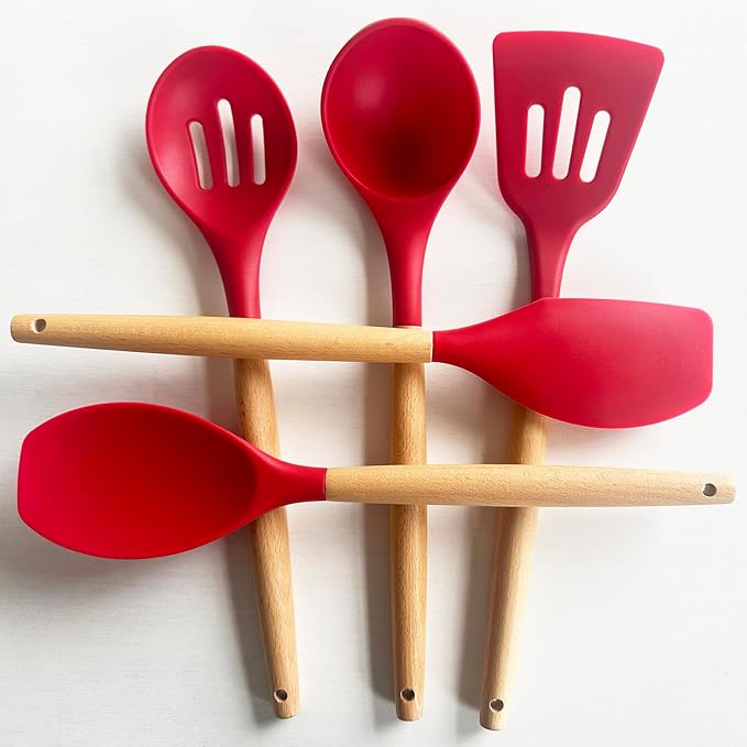 Silicone Cooking Utensils Set 5Pcs Non-Stick Silicone Kitchen Utensils for Cooking Heat Resistant Kitchen Gadgets Spatula Spoon Turner Set with Wooden Handles for Non-Stick Cookware BPA Free