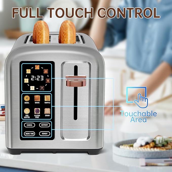 SEEDEEM Toaster 2 Slice Touch Control Stainless Toaster LCD Display 50% Faster Heating Speed 1.4'' Wide Slots More Timer Functions Removable Crumb Tray 1350W Silver White