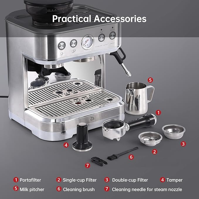IDEALHOUSE Espresso Machine 3-in-1 Built-in Grinder and Milk Frother Stainless Steel 20 Bar Latte and Cappuccino Espresso Coffe Machine w/Automatic Milk Frothe &amp 95 Oz Water Tank for Office Caf