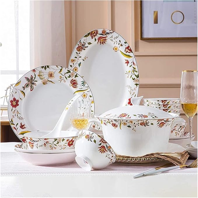 Dinnerware Sets - Luxury Gift Dishes Service Set Ceramics Dinner Sets Cereals Bowl &amp Soup Pot &amp Plate | 56 Pieces Bone China Porcelain Dinnerware Set for Wedding Gifts and New Year
