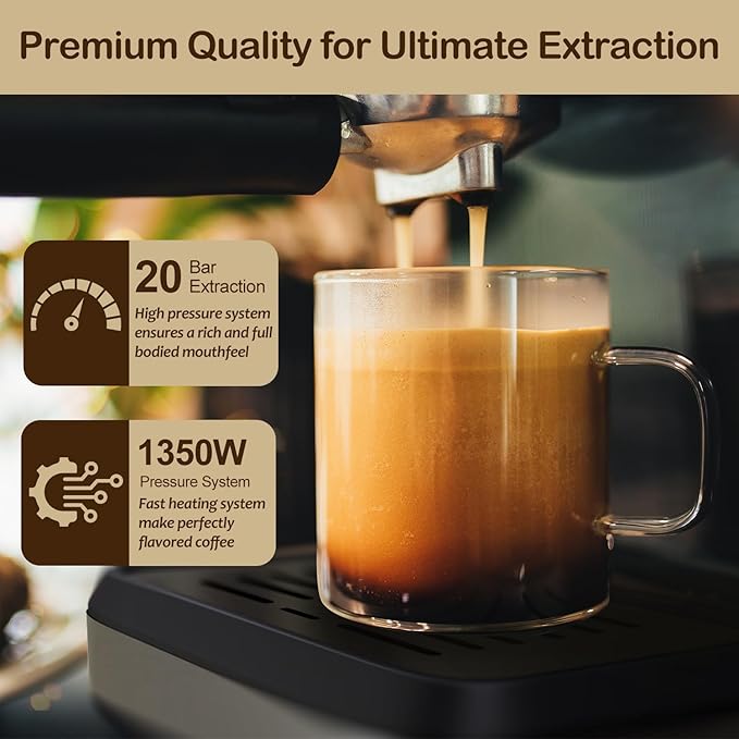 Espresso Machine with Milk Frother 20 Bar Espresso Maker for Cappuccino&ampLatte Compact Coffee Maker for Home&ampOffice 50oz Removable Water Tank Stainless Steel
